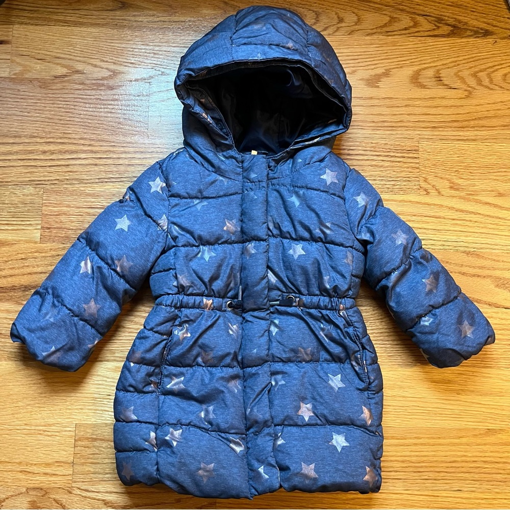 Baby Gap blue puffer hooded winter jacket with rose gold stars size 2T